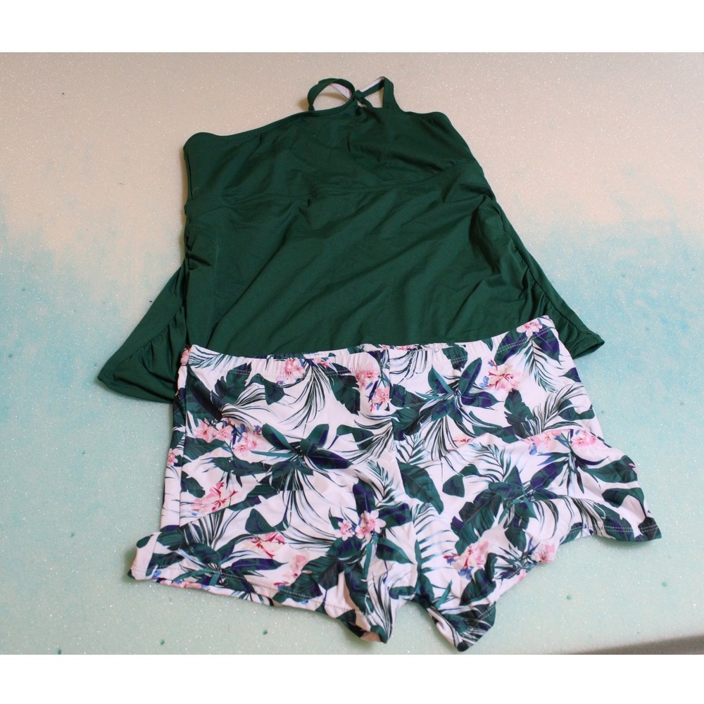 Daci Womens 20W Tankini Swimsuit Set Green Tropical Floral Boy Shorts NWT